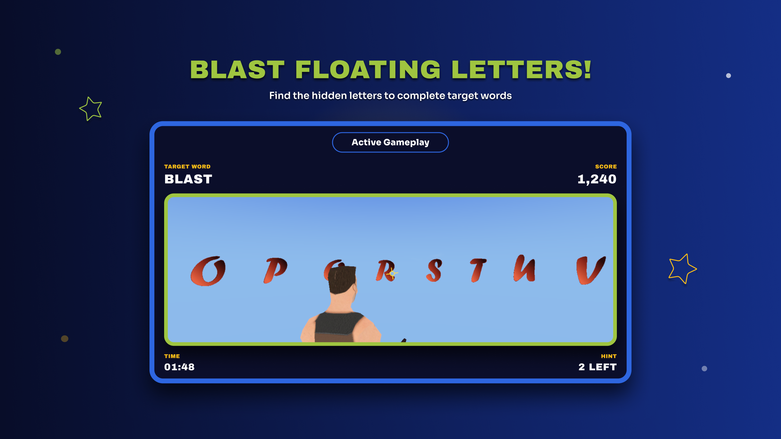 Word Blaster gameplay showing floating letters and the target word BLAST