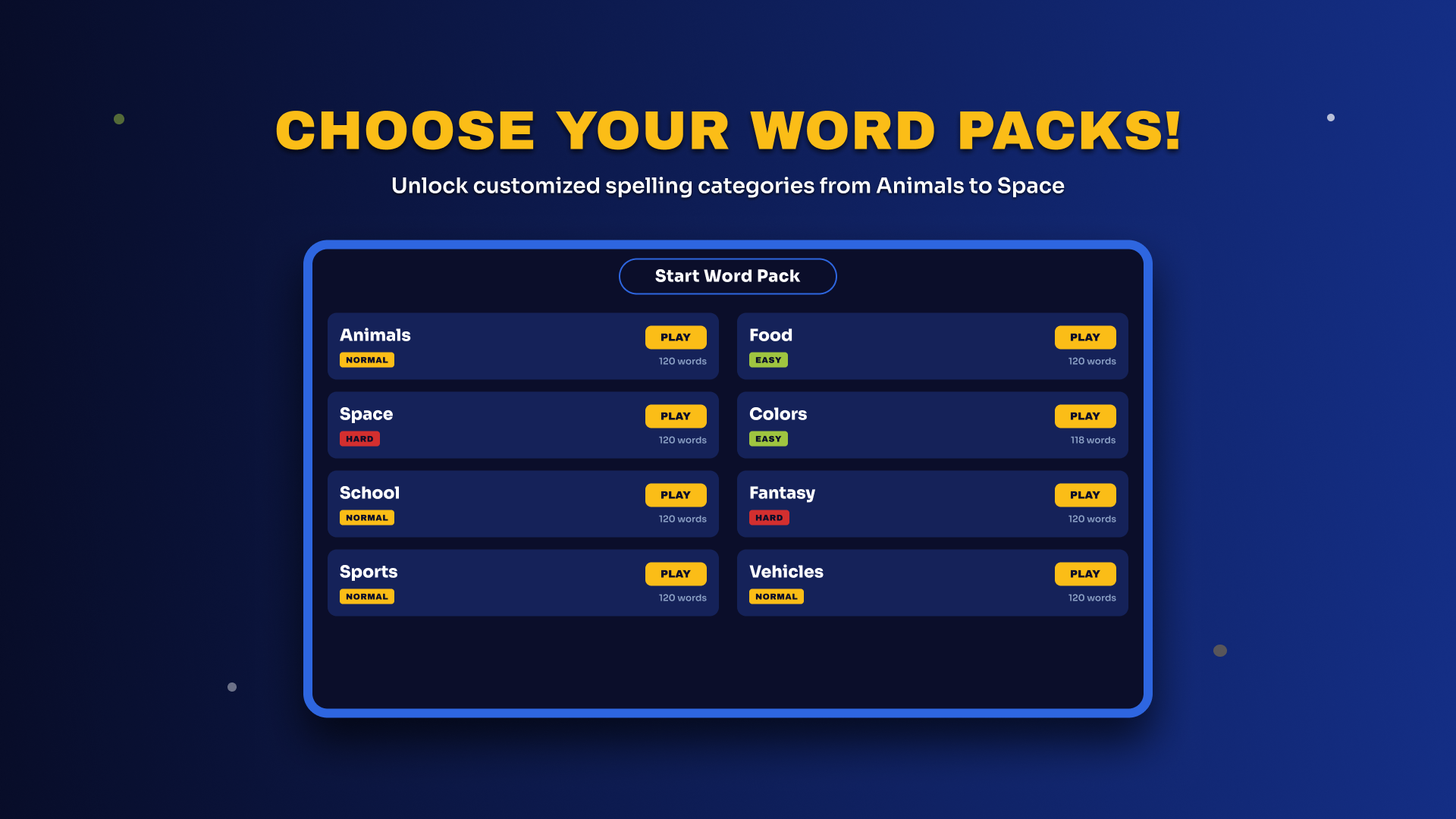 Word Blaster themed word pack selection screen