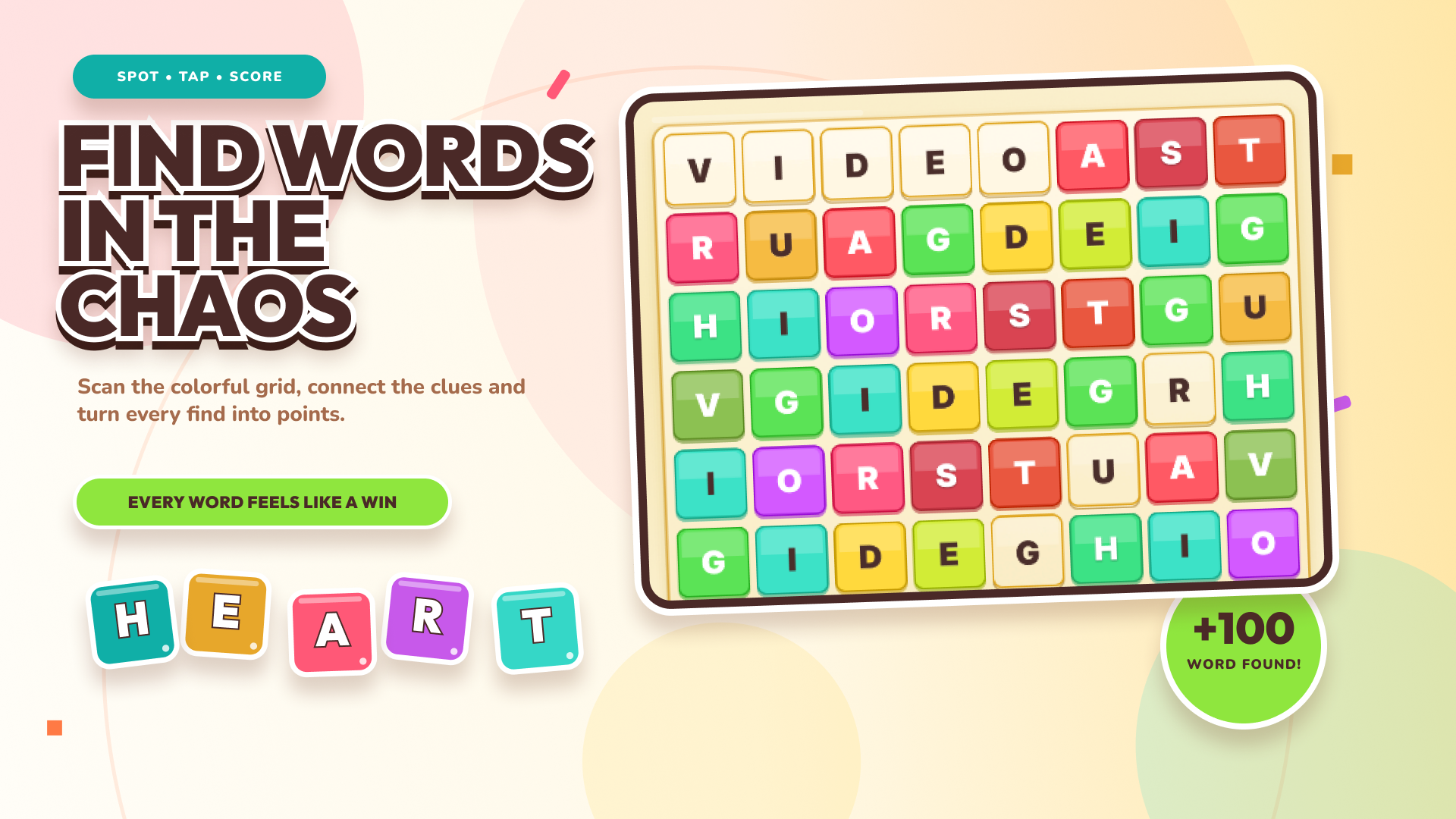 Word Shamble gameplay showing a colorful grid of letter tiles