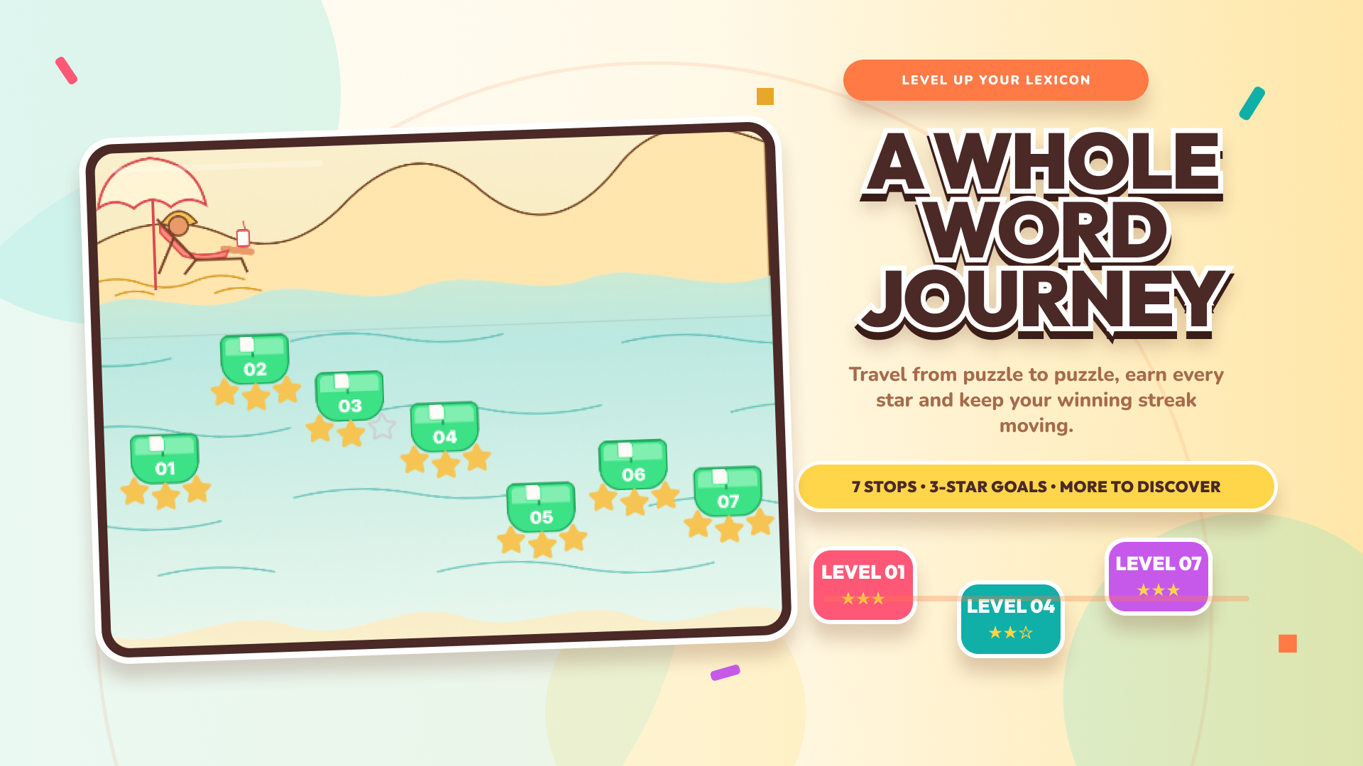 Word Shamble level journey with seven stages and star ratings